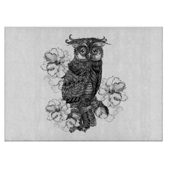 Planche À Découper Hibou Gris Orchidées Blanches (Devant)