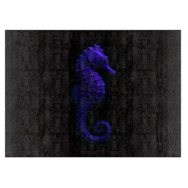 Planche À Découper Hippocampe bleu violet sur panneau de verre Black  (Devant)