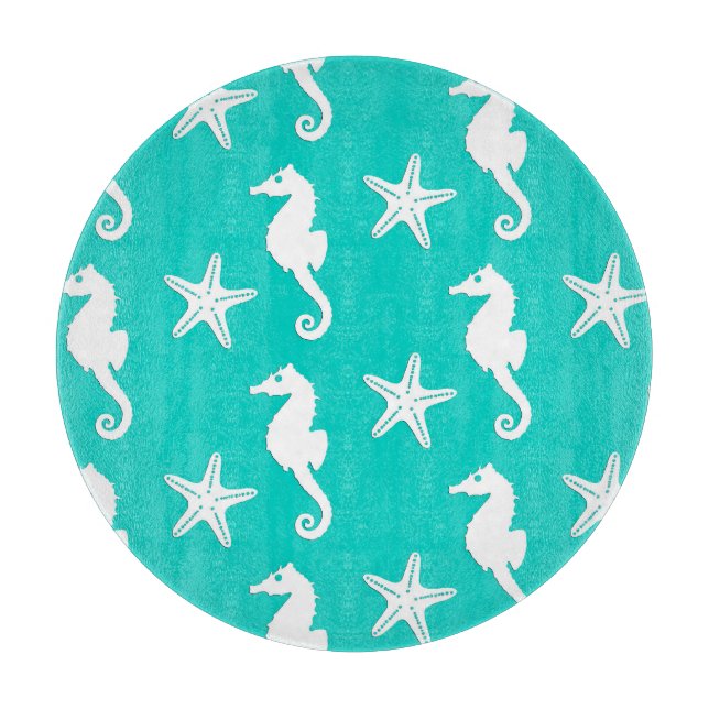 Planche À Découper Hippocampe et étoile de mer - blanc sur turquoise (Devant)
