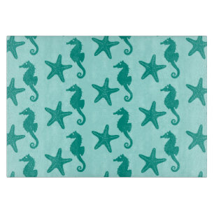Planche À Découper Hippocampe et poisson étoile - turquoise et aqua