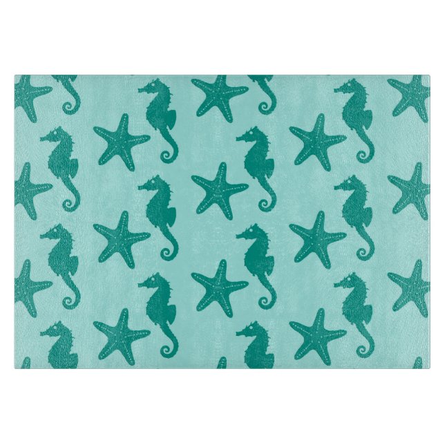 Planche À Découper Hippocampe et poisson étoile - turquoise et aqua (Devant)