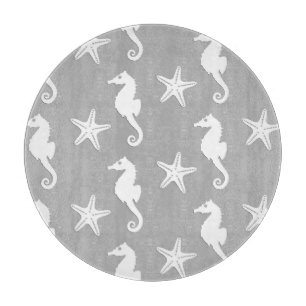 Planche À Découper Hippocampe & étoile de mer - blanc sur gris argent