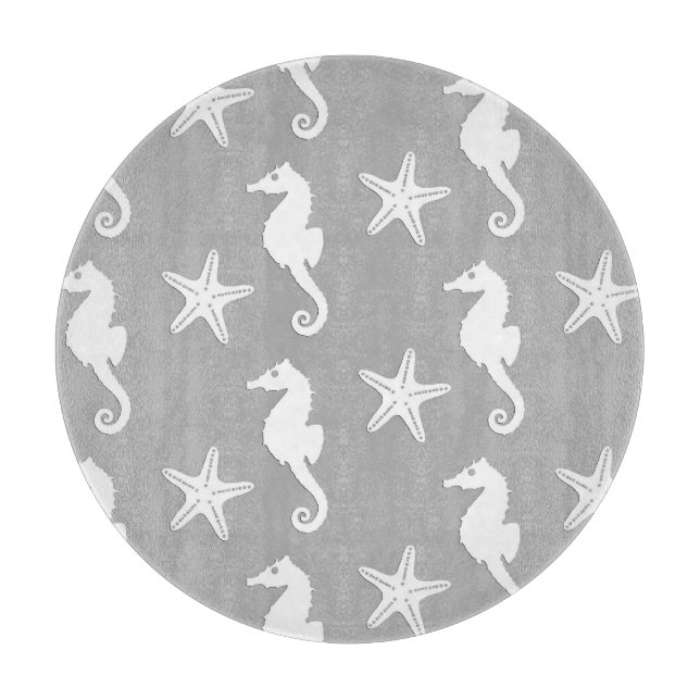 Planche À Découper Hippocampe & étoile de mer - blanc sur gris argent (Devant)