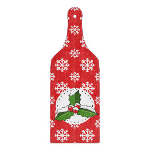 Planche À Découper Holly Berry on Red White Snowflakes