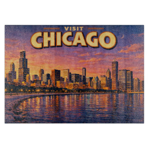 Planche À Découper Horizon de Chicago et lac Michigan au crépuscule
