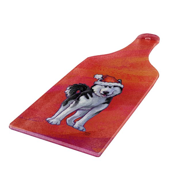 Planche À Découper Husky à Santa Hat Sur Rouge (Coin)