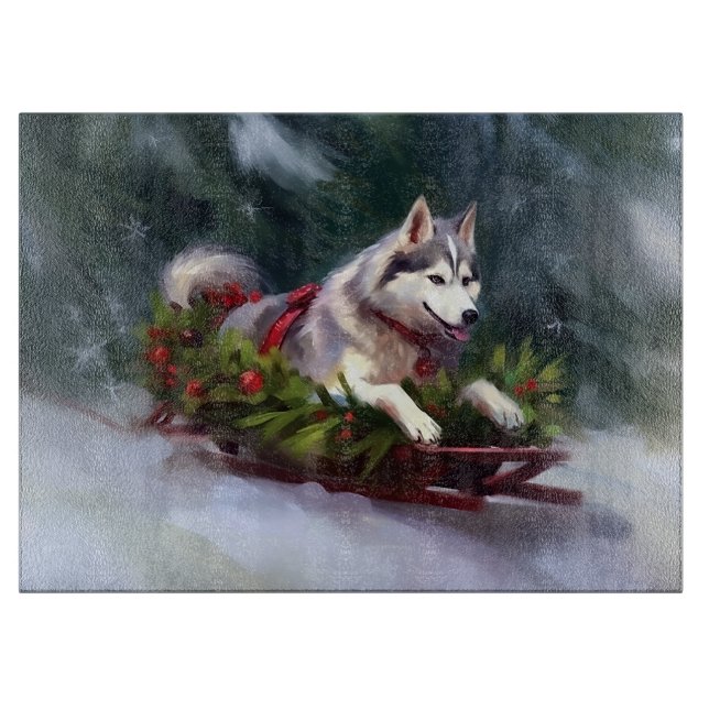 Planche À Découper Husky sibérien Noël neige hiver (Devant)