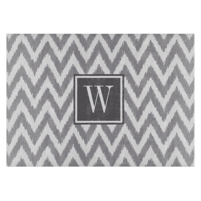 Planche À Découper Ikat Chevron Gris Monogramme Verre (Devant)