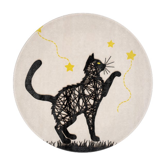 Planche À Découper Illustration de chat noir étoiles ludiques (Devant)