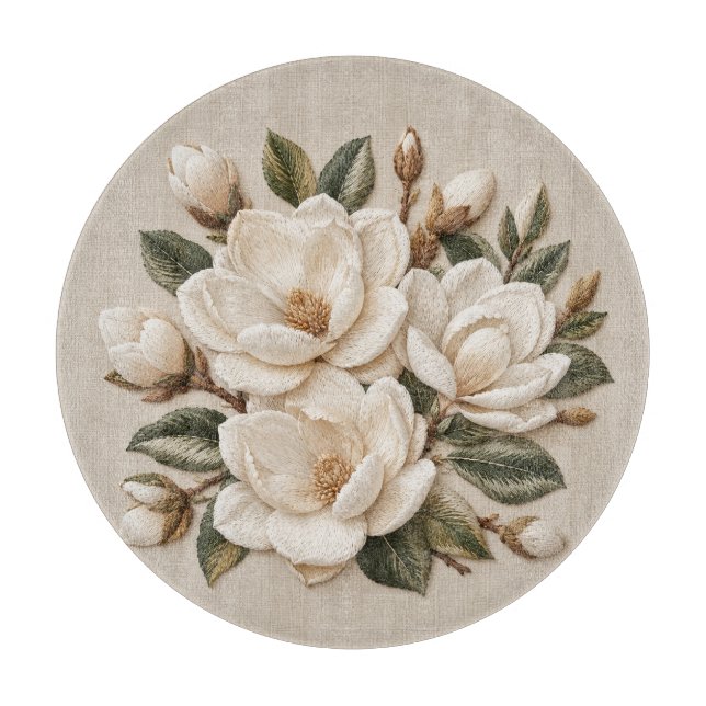 Planche À Découper Illustration de magnolia blanche brodée en faux 3D (Devant)