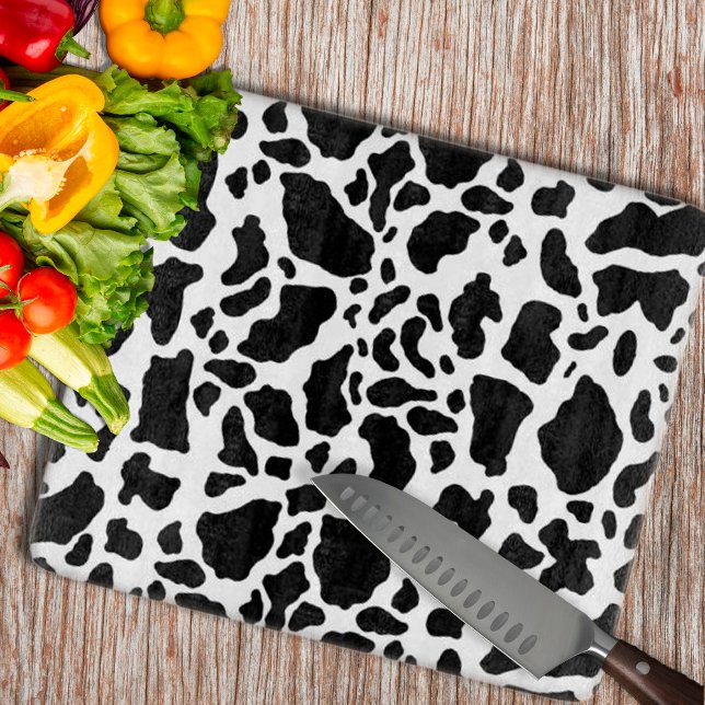 Planche À Découper Impression de vache noire et blanche (Black & White Cow Spots Animal Print Pattern Cutting Board by Looly Elzayat
)