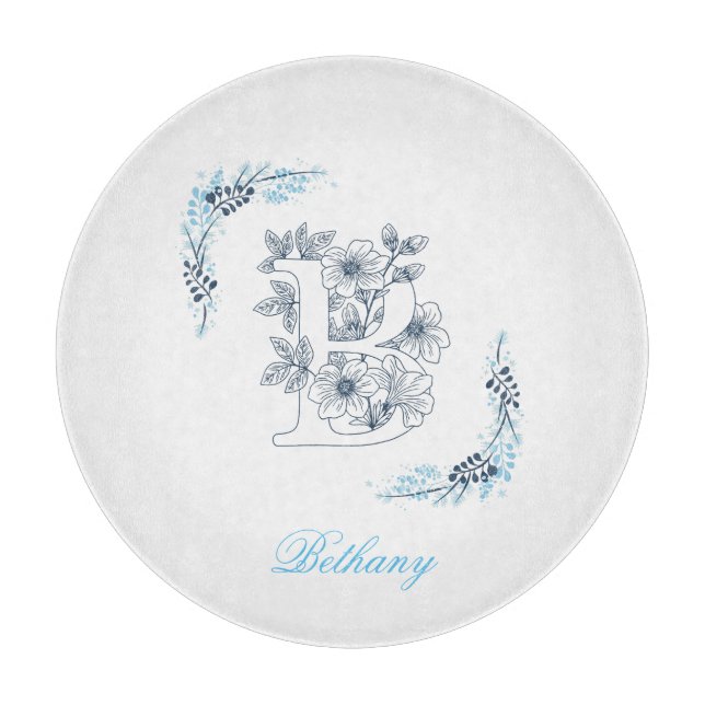 Planche À Découper Initiale "B" Monogramme bleu Calme Floral (Devant)