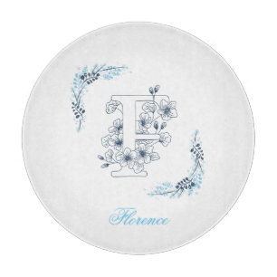Planche À Découper Initiale "F" Monogramme bleu Calme Floral