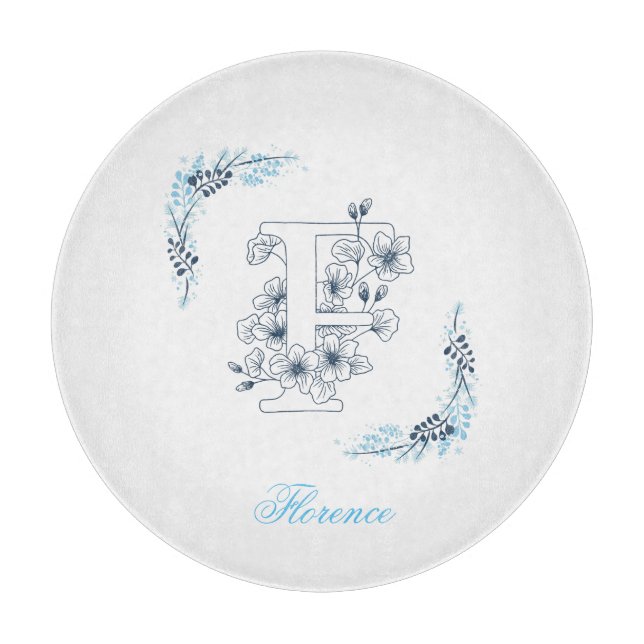 Planche À Découper Initiale "F" Monogramme bleu Calme Floral (Devant)