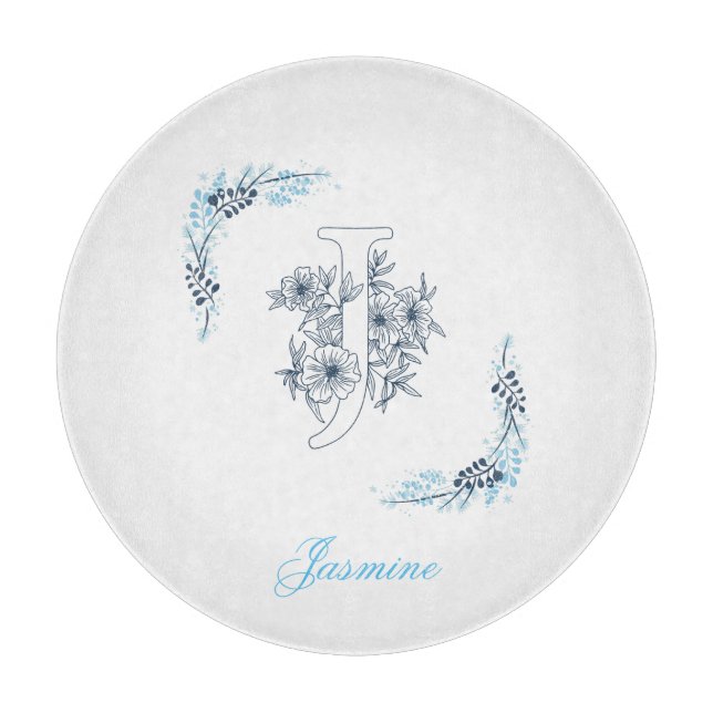 Planche À Découper Initiale "J" Monogramme bleu Calme Floral (Devant)