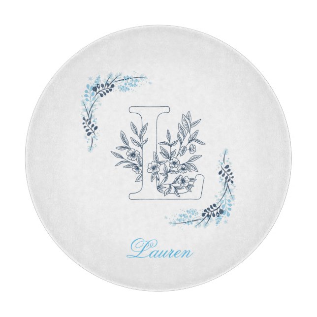 Planche À Découper Initiale "L" Monogramme bleu Calme Floral (Devant)