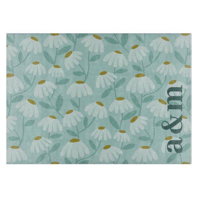 Planche À Découper Initiales de couple Motif floral bleu sarcelle et  (Devant)