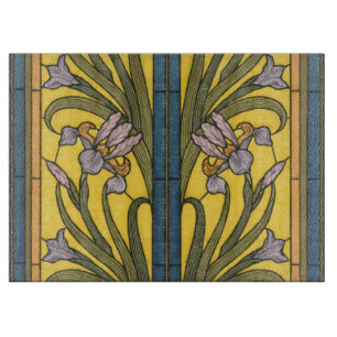 Planche À Découper Iris Fleur Art Nouveau Vitrail Bleu Or