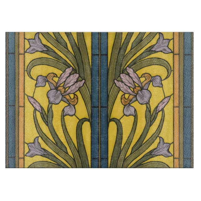 Planche À Découper Iris Fleur Art Nouveau Vitrail Bleu Or (Devant)