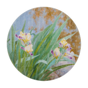 Planche À Découper Irises jaunes et pourpres avec lumière dorée