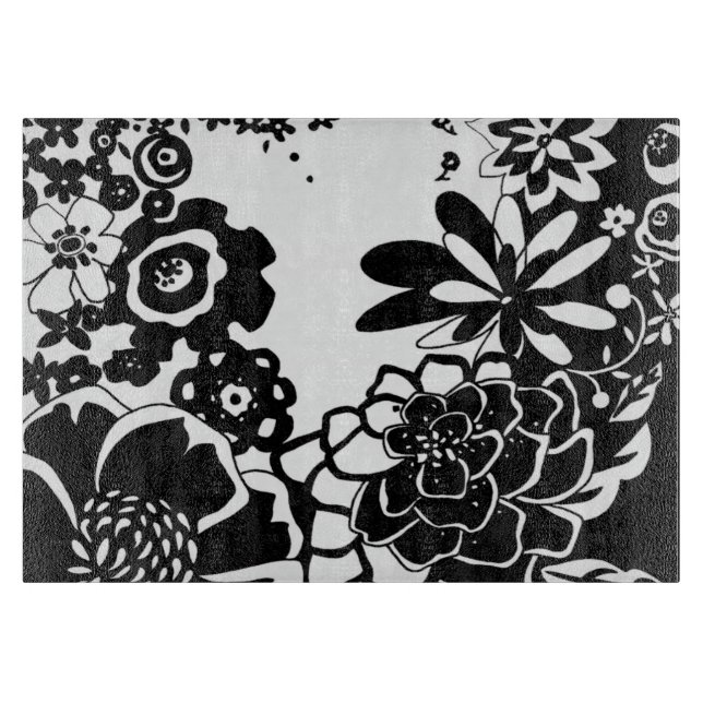 Planche À Découper Jardin floral noir et blanc Motif graphique (Devant)