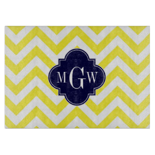 Planche À Découper Jaune Lg Chevron Navy Quatrefoil 3 Monogramme