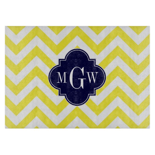 Planche À Découper Jaune Lg Chevron Navy Quatrefoil 3 Monogramme (Devant)