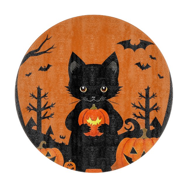 Planche À Découper Joli Chat Noir avec des Citrouilles d'Halloween (Devant)