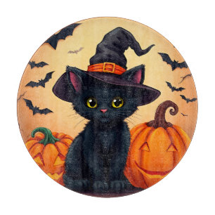 Planche À Découper Joli chat noir avec un chapeau de sorcière entouré