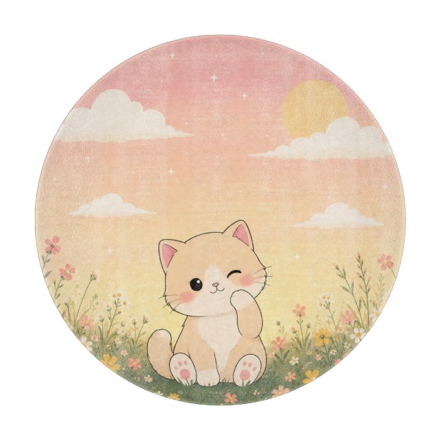 Planche À Découper Joli Chaton Clin d'Œil dans Prairie de Fleurs Sauv (Devant)