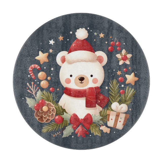 Planche À Découper Joli ours de Noël/d'hiver en couronne (Devant)