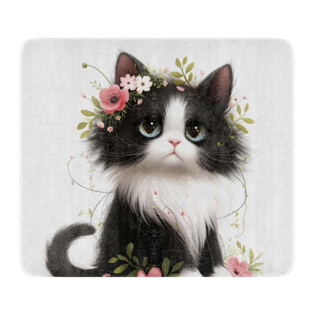Planche À Découper Jolie Tuxedo Kitten avec Fleurs (Devant)