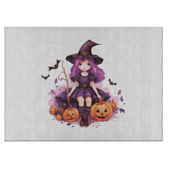 Planche À Découper Jolies citrouilles de sorcière aux cheveux violets (Devant)