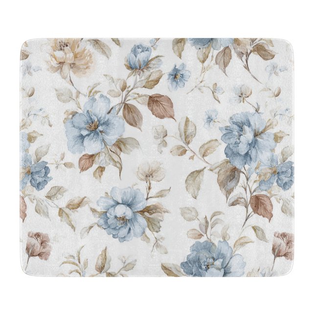 Planche À Découper Jolies Fleurs Bleues Crème Beige Marron (Devant)