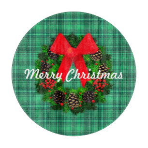 Planche À Découper Joyeuse couronne de Noël Plaid Retro Holiday Round