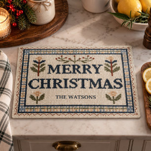 Planche À Découper Joyeux Noël au nom de famille en broderie ancienne