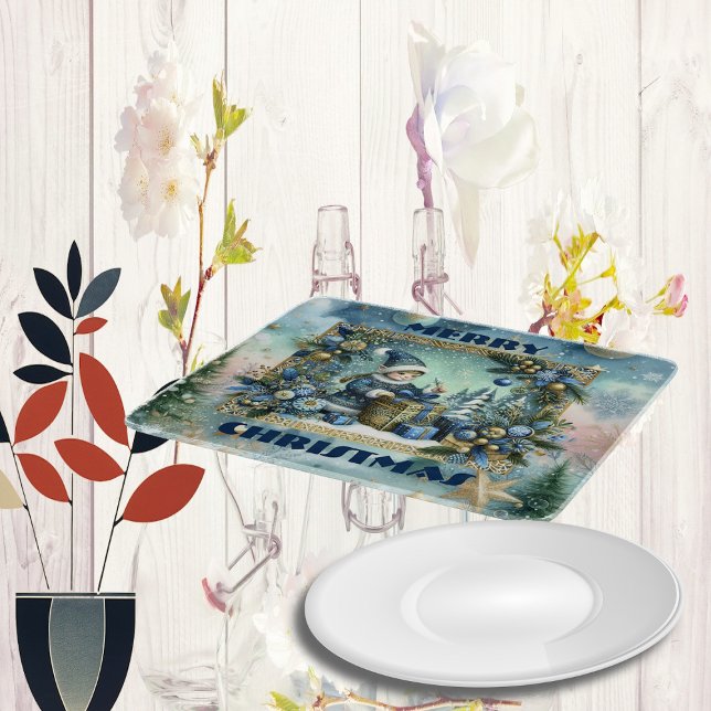 Planche À Découper Joyeux Noël Calligraphie Elfe Bleu Décor (Merry Christmas Calligraphy Blue Elf Golden Decor Cutting Board)