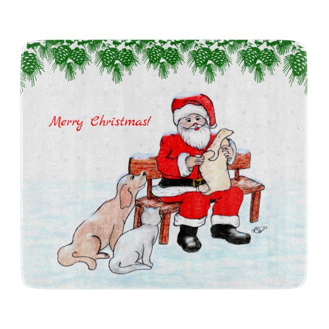 Planche À Découper Joyeux Noël - Père Noël avec chat et chien (Devant)