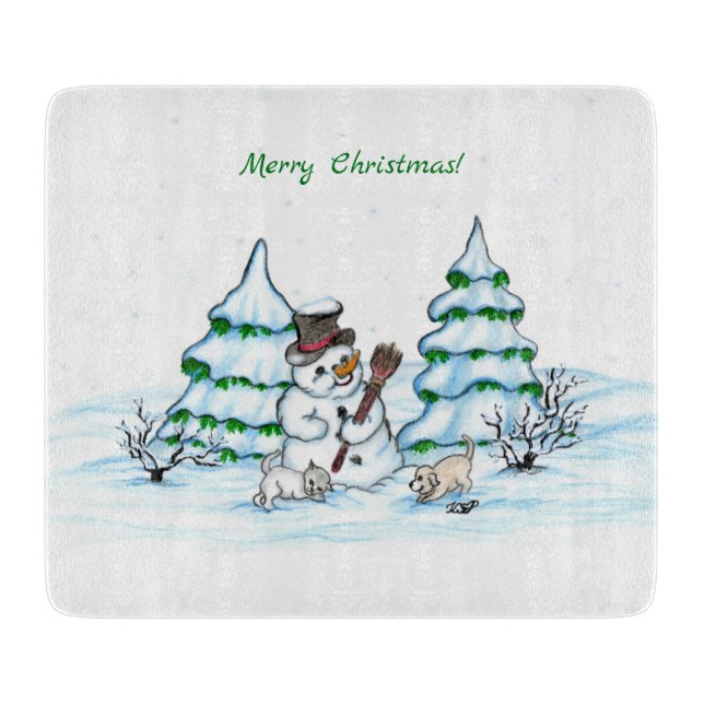 Planche À Découper Joyeux Noël ! Snowman avec chat et chiot (Devant)