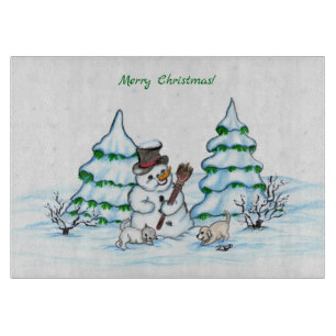 Planche À Découper Joyeux Noël ! Snowman avec chat et chiot