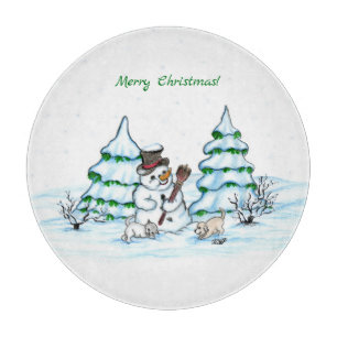 Planche À Découper Joyeux Noël ! Snowman avec chat et chiot
