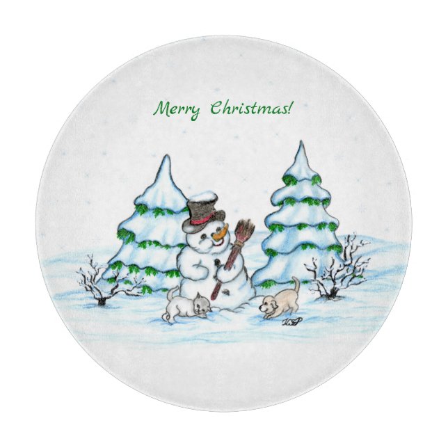 Planche À Découper Joyeux Noël ! Snowman avec chat et chiot (Devant)