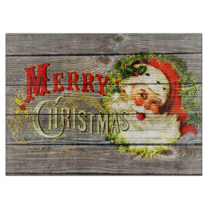 Planche À Découper Joyeux Noël Vintage & Père Noël sur vieux Bois rus