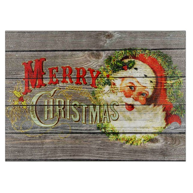 Planche À Découper Joyeux Noël Vintage & Père Noël sur vieux Bois rus (Devant)