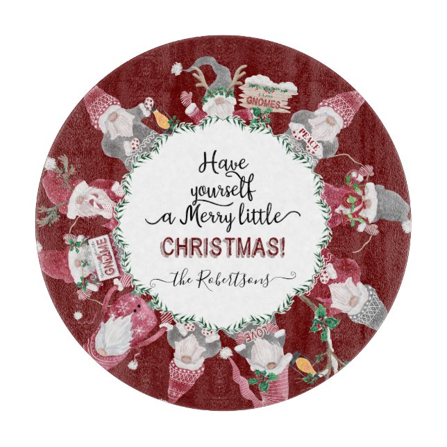 Planche À Découper Joyeux Petit Noël Rouge Gris Gris Gnomes Chapeaux  (Devant)