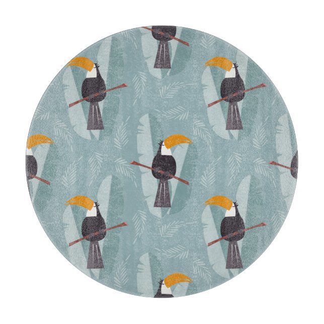 Planche À Découper Jungle toucan, arrière - plan bleu transparent. (Devant)