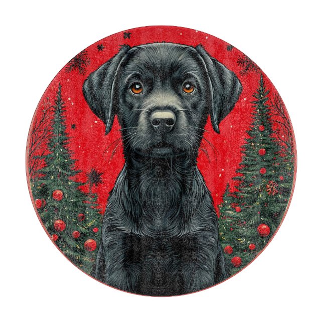 Planche À Découper Labrador noir de Noël avec des arbres de fête (Devant)