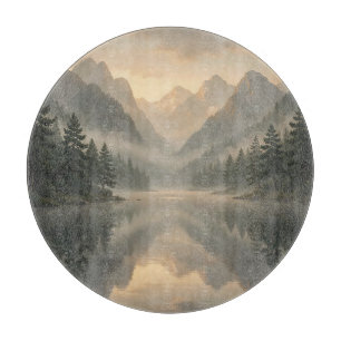 Planche À Découper Lac de montagne brumeux, réflexion, forêt de pins,