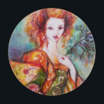 PLANCHE À DÉCOUPER LADY ROMANTIQUE AVEC PÂTE EN PEACOCK<br><div class="desc">Original contemporain painting with golden foil and iridescolors in bright green, yellow orange ,  teal, turquase,  elegant blanc , beautiful sophisticated brunette woman, red, green sparkling gold fabrics of a baroque costume with peacock feathers .painting by bulgan i)</div>