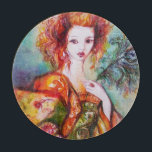 PLANCHE À DÉCOUPER LADY ROMANTIQUE AVEC PÂTE EN PEACOCK<br><div class="desc">Original contemporain painting with golden foil and iridescolors in bright green, yellow orange ,  teal, turquase,  elegant blanc , beautiful sophisticated brunette woman, red, green sparkling gold fabrics of a baroque costume with peacock feathers .painting by bulgan i)</div>